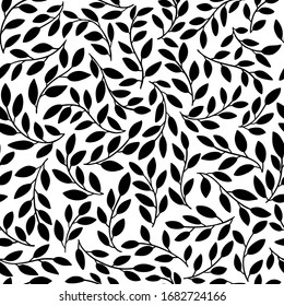 Silhouettes of identical leaves seamless pattern. Vector hand drawn illustration in simple scandinavian doodle cartoon style. Isolated black branches on a white background.