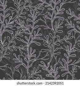 Silhouettes of identical leaves seamless pattern. Vector hand drawn illustration in simple scandinavian doodle cartoon style. Isolated white branches on a gray background.