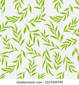 Silhouettes of identical leaves seamless pattern. Vector hand drawn illustration in simple scandinavian doodle cartoon style. Isolated gray-blue branches on a white background.