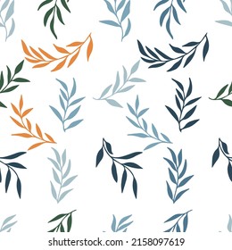 Silhouettes of identical leaves seamless pattern. Vector hand drawn illustration in simple scandinavian doodle cartoon style. Isolated gray-blue branches on a white background.