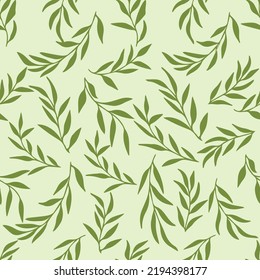 Silhouettes of identical leaves seamless pattern. Vector hand drawn illustration in simple scandinavian doodle cartoon style. Isolated gray-blue branches on a white background.