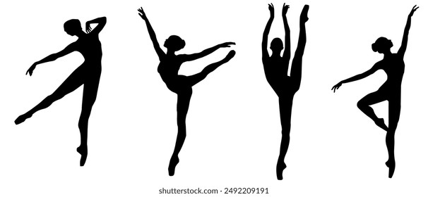 Silhouettes, ilhouettes of Dancer Women, Ballet Dancer , Ballerina, Gymnastics, Contemporary Dance, Dance Poses, Collection, Black, Sport, Lifestyle, Female, Flexibility, Modern, Vector Illustration