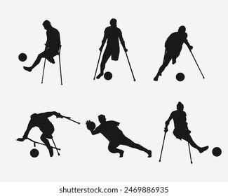 Silhouettes illustration of Amputee football player. Disabled athletes with different action, pose. Isolated on white background. Graphic vector.