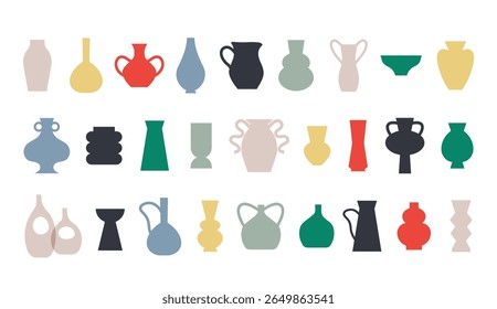 Silhouettes illustration of decorative vessels. Modern design pottery. Isolated vector graphic. Flower vase.