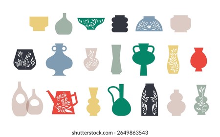 Silhouettes illustration of decorative vessels. Modern design pottery. Isolated vector graphic. Flower vase.