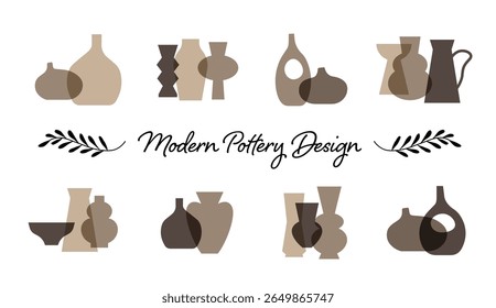 Silhouettes illustration of decorative vessels. Modern design pottery. Isolated vector graphic. Flower vase.