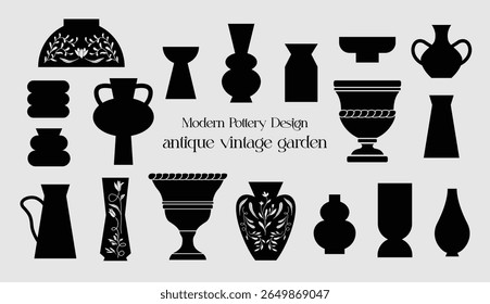Silhouettes illustration of decorative vessels. Modern design pottery. Isolated vector graphic. Flower vase.