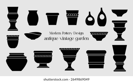 Silhouettes illustration of decorative vessels. Modern design pottery. Isolated vector graphic. Flower vase.