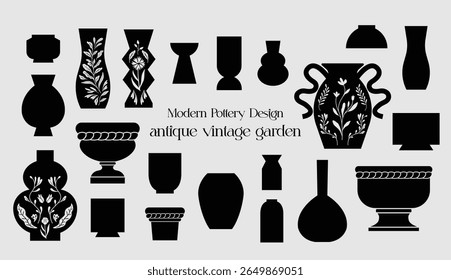 Silhouettes illustration of decorative vessels. Modern design pottery. Isolated vector graphic. Flower vase.