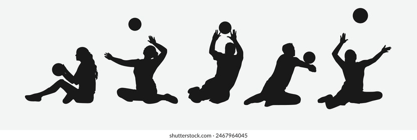 Silhouettes illustration of Sitting volleyball player. Disabled athletes with different action, pose. Isolated on white background. Graphic vector.