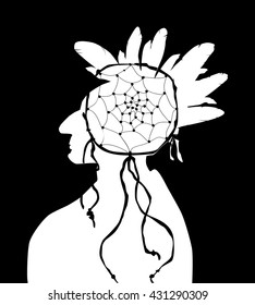 Silhouettes of Indian chief and dream catcher on white background. 