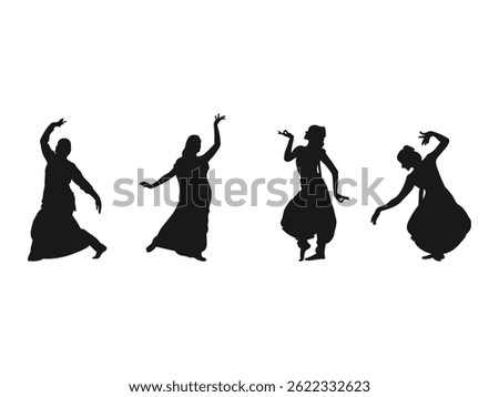 Silhouettes of Indian Classical Dancers in Various Poses. Indian dancers in different positions, a big set. A set of woman dancer silhouettes isolated on a white background.