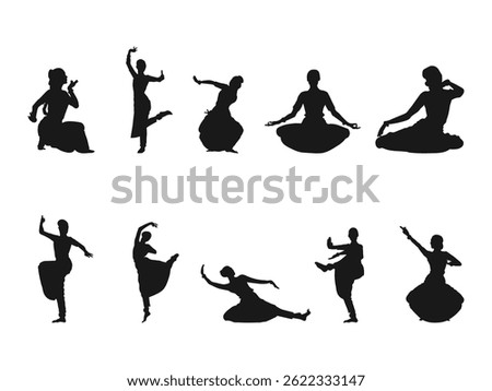Silhouettes of Indian Classical Dancers in Various Poses. Indian dancers in different positions, a big set. A set of woman dancer silhouettes isolated on a white background.