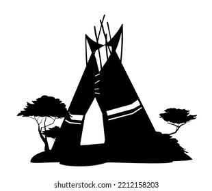 Silhouettes Indians wigwam hut made of felt and skins. North American tribal dwelling. Traditional home of nomadic peoples. Isolated on white background Vector.