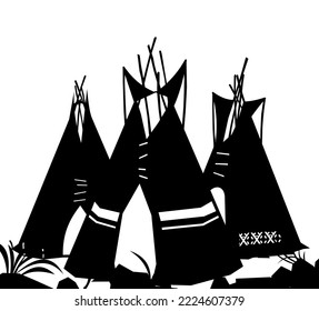 Silhouettes Indians wigwam hut made of felt and skins. Small tribe village. North American tribal dwelling. Traditional home of nomadic peoples. Isolated on white background Vector.