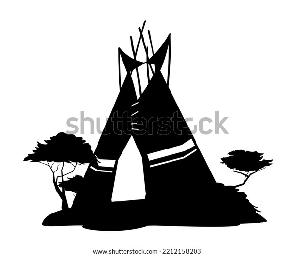 Silhouettes Indians wigwam hut made of\
felt and skins. North American tribal dwelling. Traditional home of\
nomadic peoples. Isolated on white background\
Vector.