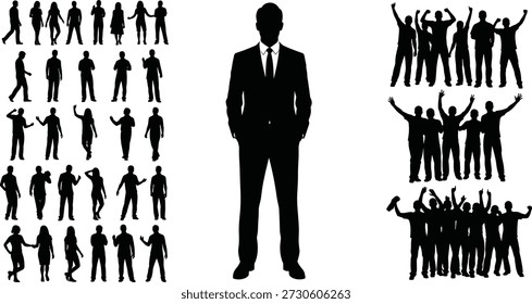 Silhuetas de indivíduos e grupos em poses dinâmicas, mostrando liderança, individualidade, unidade, celebração, contraste, energia social