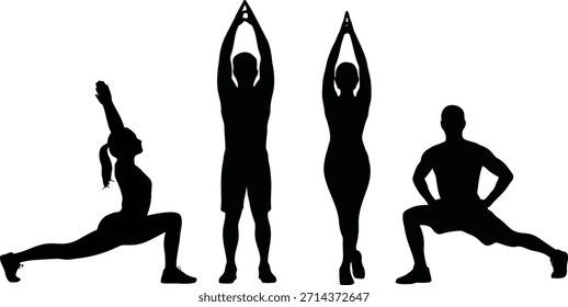 Siluetas de individuos que realizan varias posiciones de ejercicio y yoga, incluyendo estocadas y estiramientos superiores, aislados en blanco.