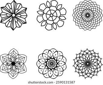 Silhouettes of intricate geometric mandala designs with various shapes and patterns on a transparent background.