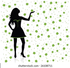 Silhouettes of irish woman standing under clover rain.