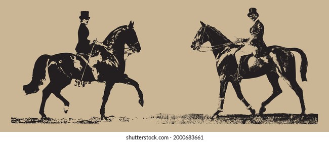 silhouettes isolated on a light background, a lady and a gentleman on horseback, opposite each other, a place for text.