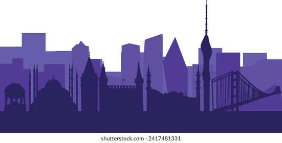  Silhouettes of Istanbul, vector illustration. Famous architecture landmarks Topkapi palace, Sultanahmet Mosque, German fountain, Galata Tower, TV tower, Bosphorus Bridge