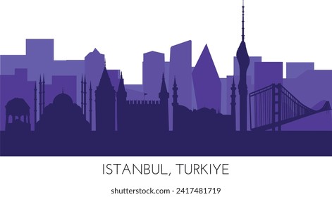 Silhouettes of Istanbul, vector illustration. Famous architecture landmarks Topkapi palace, Sultanahmet Mosque, German fountain, Galata Tower, TV tower, Bosphorus Bridge