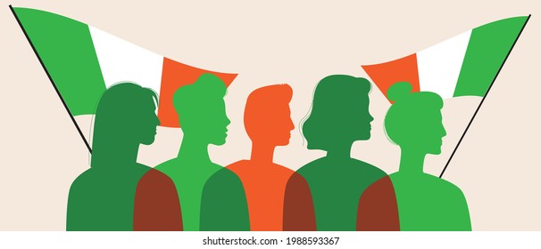 Silhouettes of Italians with the flag of Italy. Color vector stock illustration. People are citizens of italy. The crowd is waving the flag. The concept of pride. Silhouette illustration