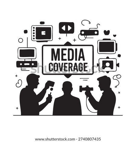 Silhouettes of journalists with recording devices surround a central figure with various media equipment and symbols representing media coverage and publicity.