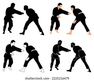 Silhouettes judoist, judoka, fighter in a duel, fight, judo sport, martial art, sport silhouettes pack