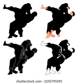 Silhouettes judoist, judoka, fighter in a duel, fight, judo sport, martial art, sport silhouettes pack