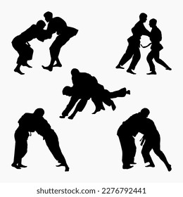 Silhouettes judoist, judoka, fighter in a duel, fight, judo sport. Martial art. Sportsmanship. Sport silhouettes pack