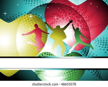silhouettes of jumping happy man and dancing with halftone retro style.vector illustration, no flattened transparencies.