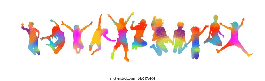 Silhouettes of jumping multicolored friends. Happy Friends Day. Usable as greeting cards, posters, clothing, t-shirt for your friends. Vector illustration