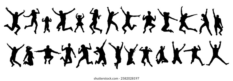 Silhouettes of jumping people jumping in various poses, set. Vector illustration