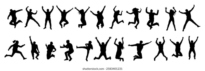 Silhouettes of jumping people jumping in various poses, set. Vector illustration