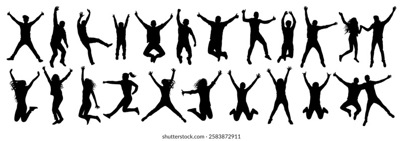 Silhouettes of jumping people jumping in various poses, set. Vector illustration