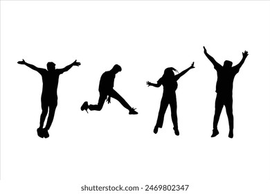 Silhouettes of jumping people vector.  Vector silhouettes of people leaping joyfully into the air Depict individuals in mid-jump, exuding happiness and fun. Happiness concept art vector.