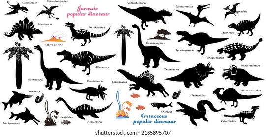 Silhouettes of Jurassic and Cretaceous dinosaurs.
There are some color illustrations.