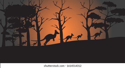 silhouettes of kangaroos running from forest fires in australia animals dying in wildfire bushfire natural disaster concept horizontal vector illustration