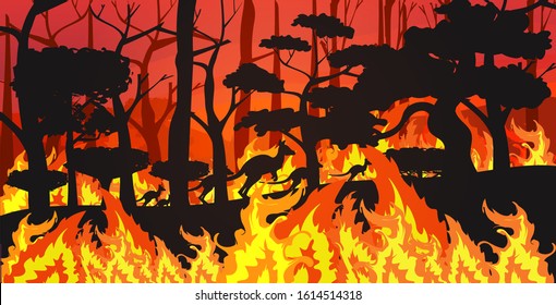 silhouettes of kangaroos running from forest fires in australia animals dying in wildfire bushfire burning trees natural disaster concept intense orange flames horizontal vector illustration