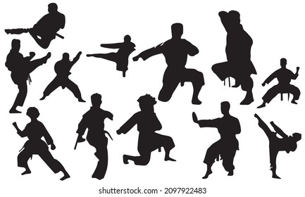 Silhouettes of Karate Vector , silhouette of karate fighters. black and white background collection