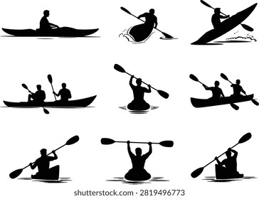 Silhouettes of Kayakers in Motion – Single and Tandem Poses Featuring Diverse Paddle Techniques, Water Splashes, and Dynamic Vector Scenes
