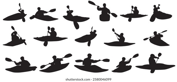 silhouettes of kayaking set. Illustration of men and women in kayak.	