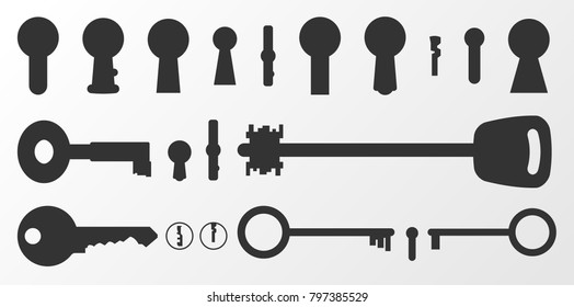 Silhouettes of keyholes and keys. Vector illustration.
