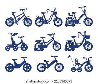 Silhouettes of kids bikes or bicycles collection with different frame types, vector illustration isolated on white background. Silhouette outline icons of bicycles.