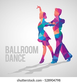 Silhouettes of kids dancing ballroom dance. Multicolored detailed vector silhouette of young ballroom dancers.