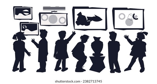 Silhouettes of kids excursion to an art museum gallery, flat vector illustration isolated. Children discover world of art. Educational and enjoyable museum visit.