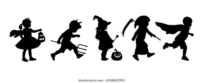 silhouettes of kids in Halloween costumes - vector illustration	