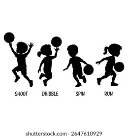 Silhouettes of kids playing basketball demonstrating different actions and techniques in black and white